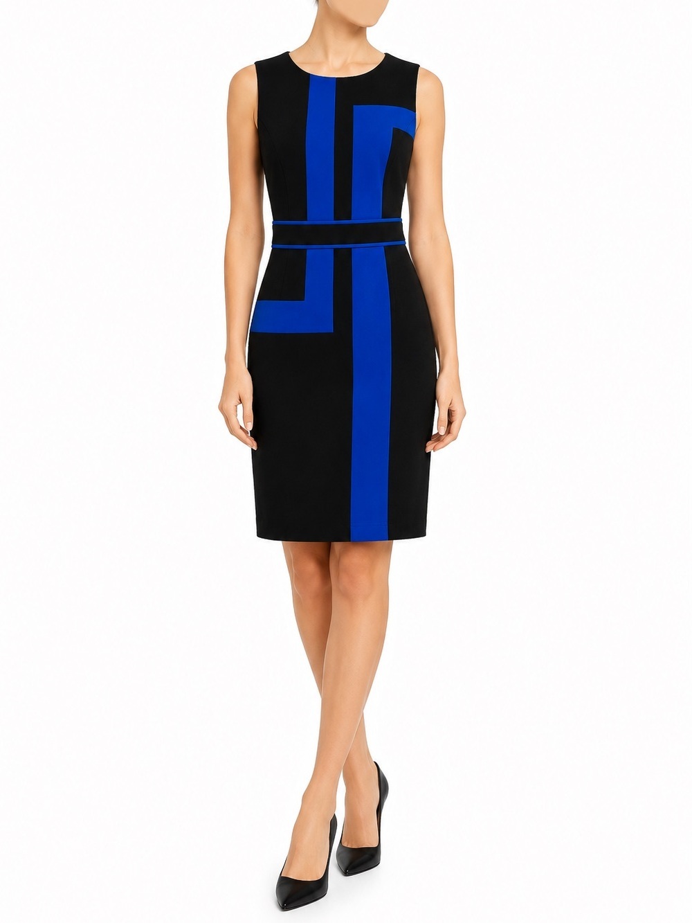 Kasper Black & Cobalt Blue Geometric Sheath Dress Sleeveless Career Dress